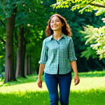 A young adult individual, fully clothed in modest, comfortable casual wear, walking peacefully through a sunlit green park, surrounded by lush trees and vibrant foliage. The individual is looking forward, breathing in fresh air, with a serene expression, completely present in the moment and visibly enjoying the natural surroundings. There are no digital devices visible. perfect anatomy, correct proportions, natural pose, well-formed hands, proper finger count, natural body proportions, safe for work, appropriate content, fully clothed, family-friendly, high-quality, professional photography.